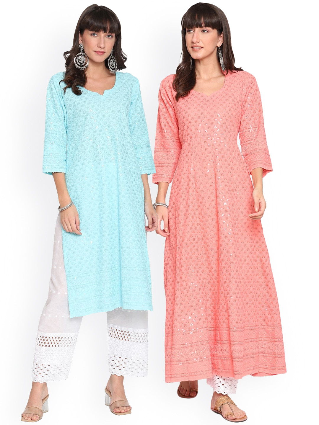 

KALINI Pack of 2 Ethnic Motifs Embroidered Chikankari Anarkali Kurta, Orange
