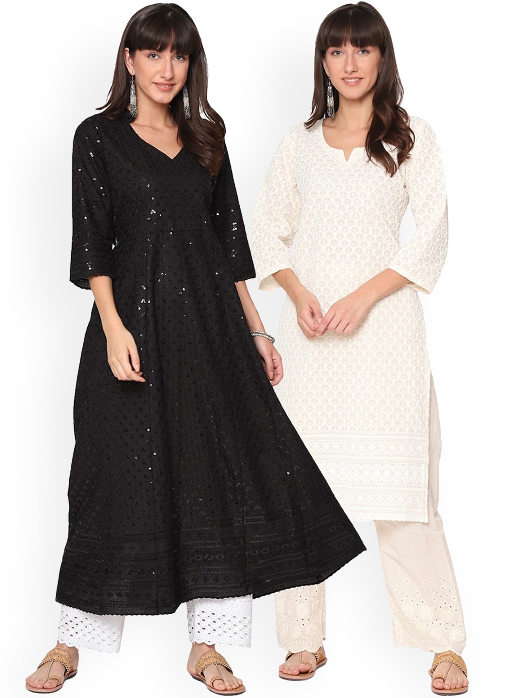 

KALINI Pack Of 2 Ethnic Motifs Chikankari Embroidered Notched Neck Cotton Kurta, Black