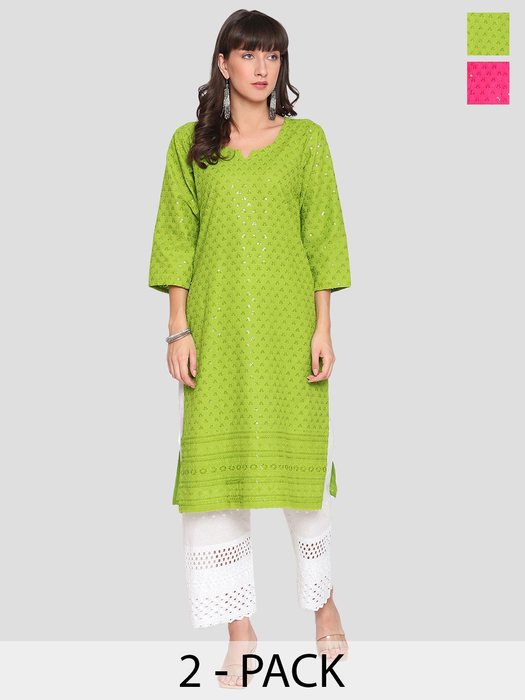 

KALINI Pack Of 2 Embroidered Sequined Cotton Kurtas, Green