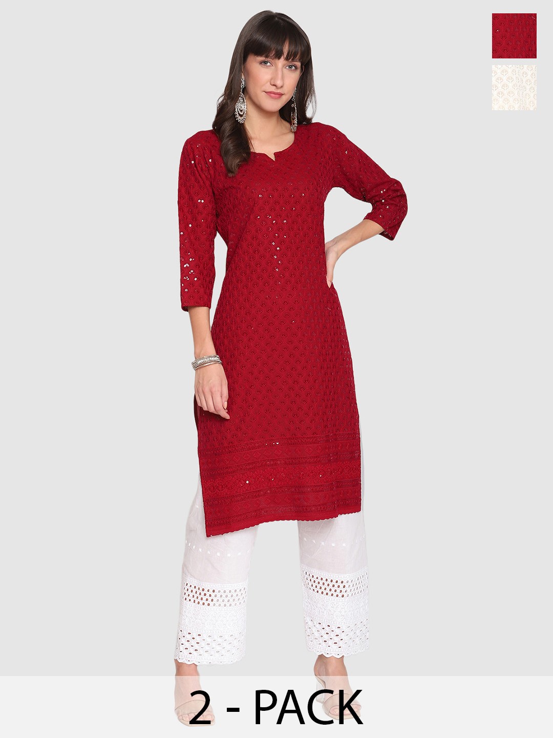 

KALINI Pack Of 2 Embroidered Sequined Cotton Kurtas, Off white