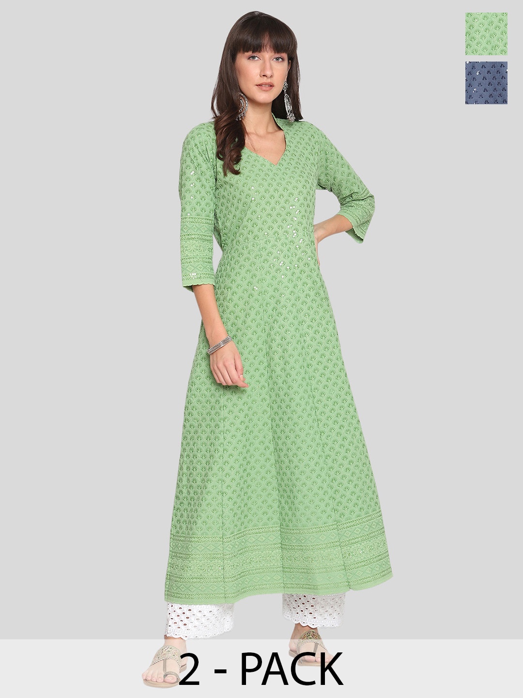 

KALINI Pack of 2 Ethnic Motifs Embroidered Chikankari Anarkali Kurta, Green