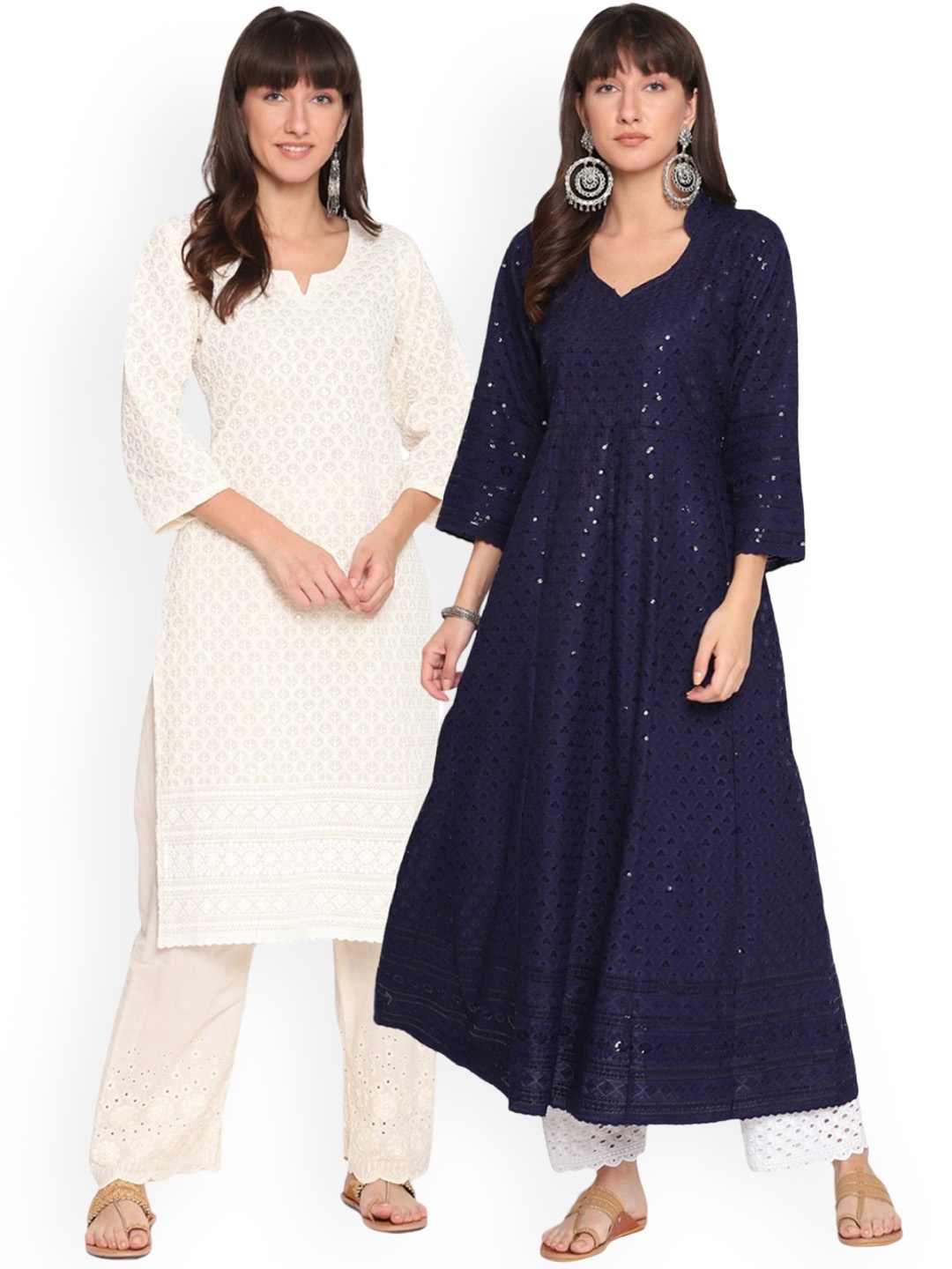 

KALINI Pack Of 2 Ethnic Motifs Chikankari Embroidered Cotton Kurta, Beige