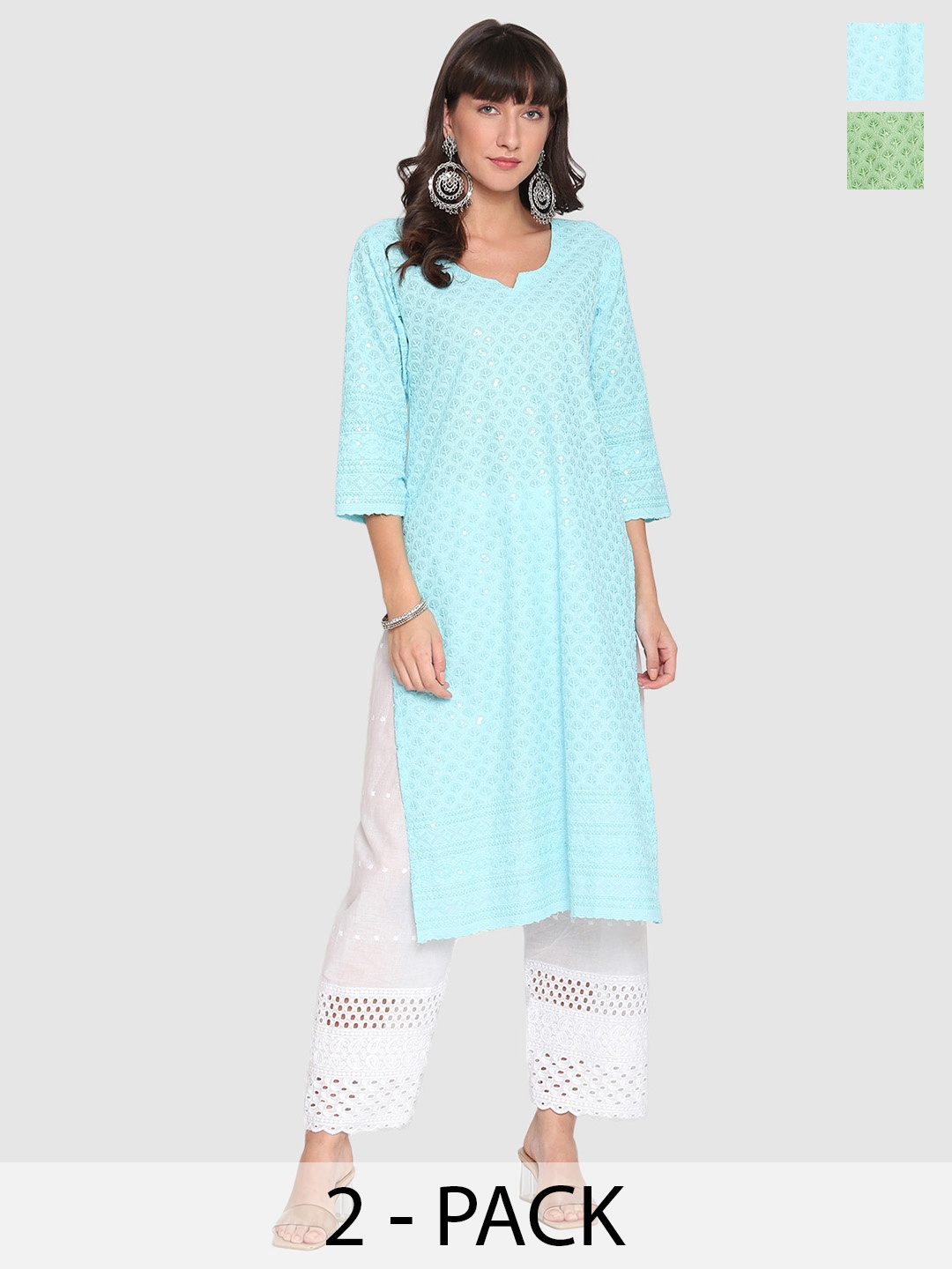 

KALINI Pack Of 2 Embroidered Sequined Cotton Kurtas, Green