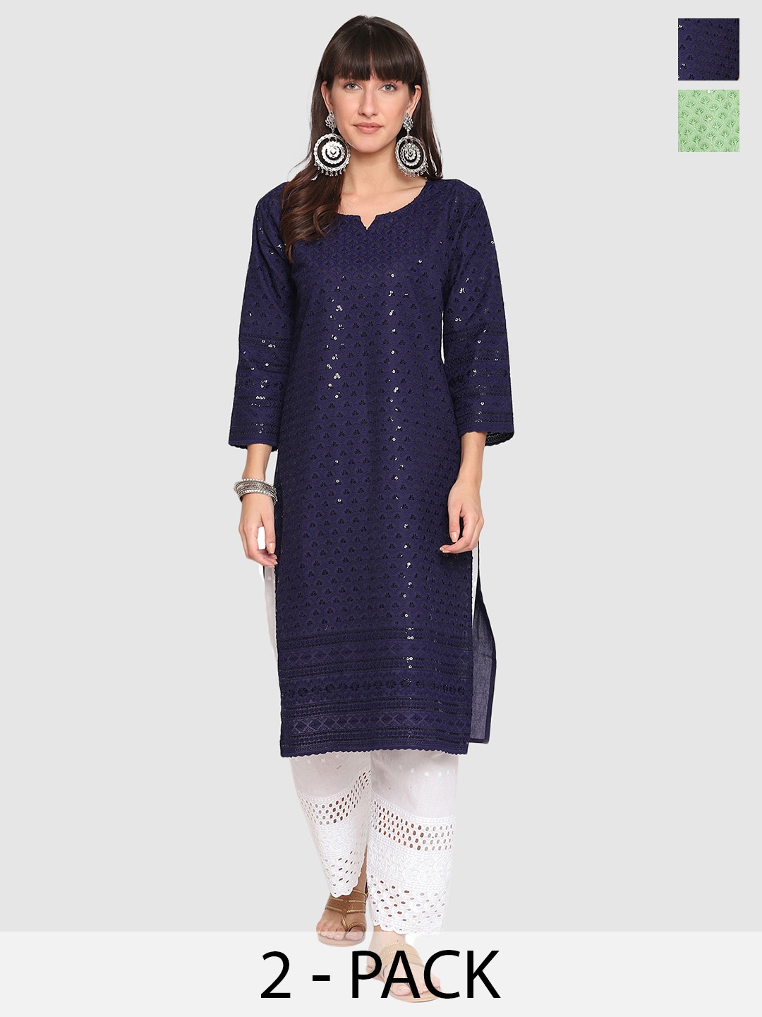 

KALINI Pack Of 2 Embroidered Sequined Cotton Kurtas, Green
