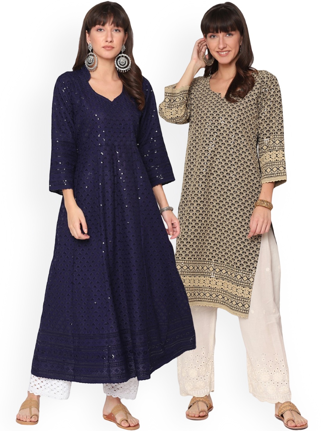 

KALINI Pack Of 2 Ethnic Motifs Chikankari Embroidered Cotton Kurta, Navy blue