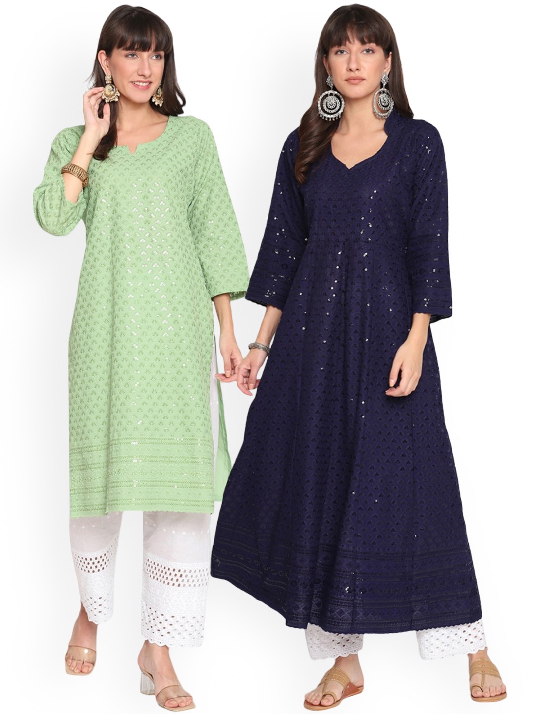 

KALINI Pack Of 2 Ethnic Motifs Chikankari Embroidered Cotton Kurta, Green