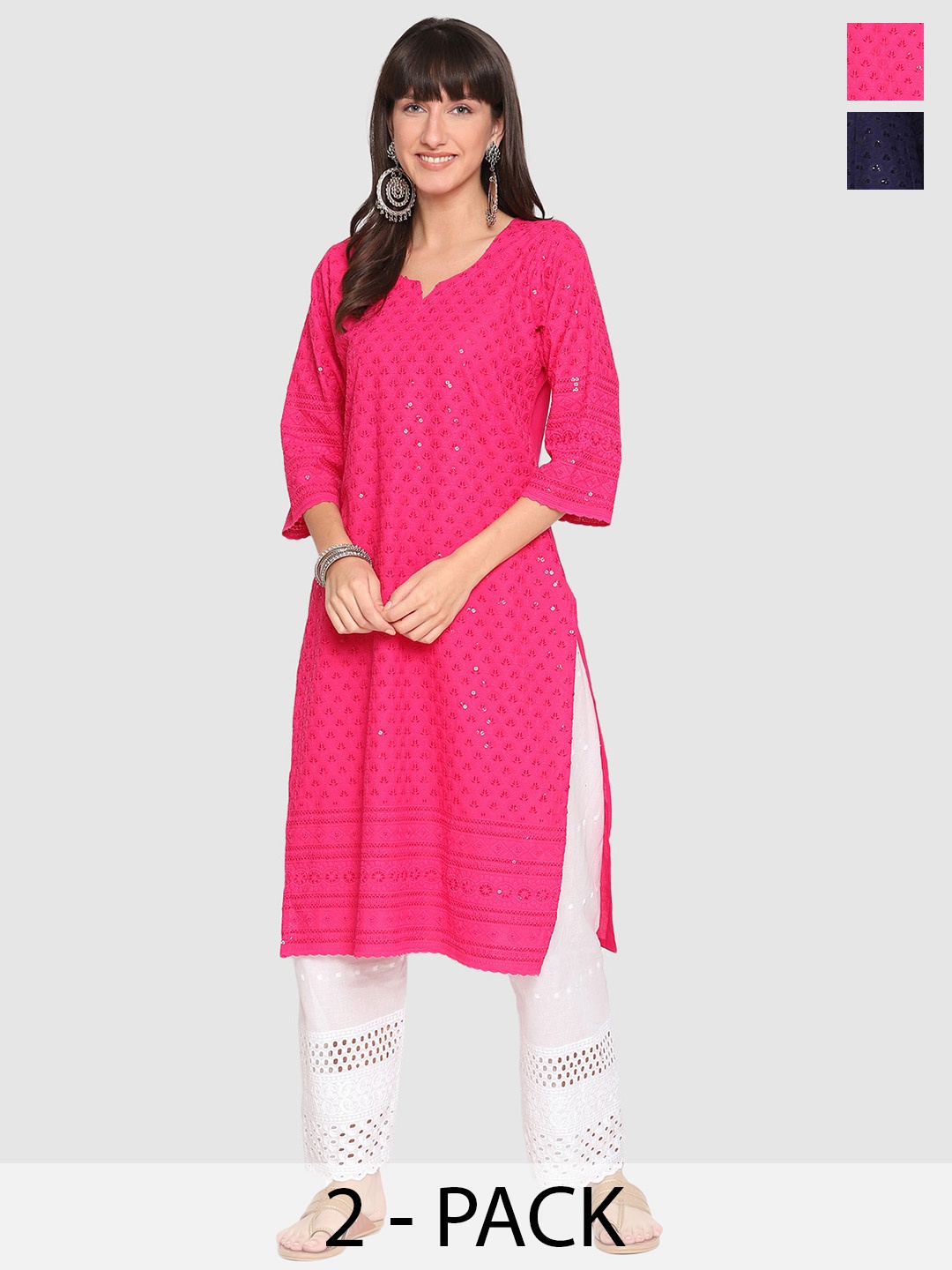 

KALINI Pack Of 2 Embroidered Sequined Cotton Kurtas, Pink