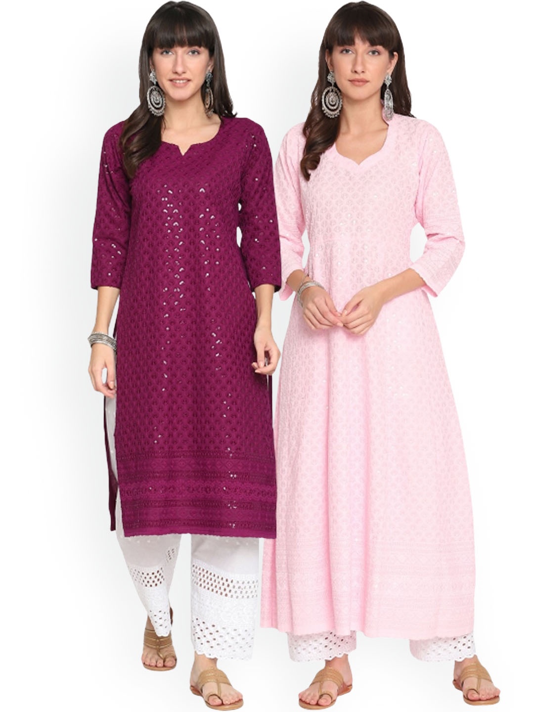 

KALINI Pack Of 2 Ethnic Motifs Chikankari Embroidered Cotton Kurta, Purple