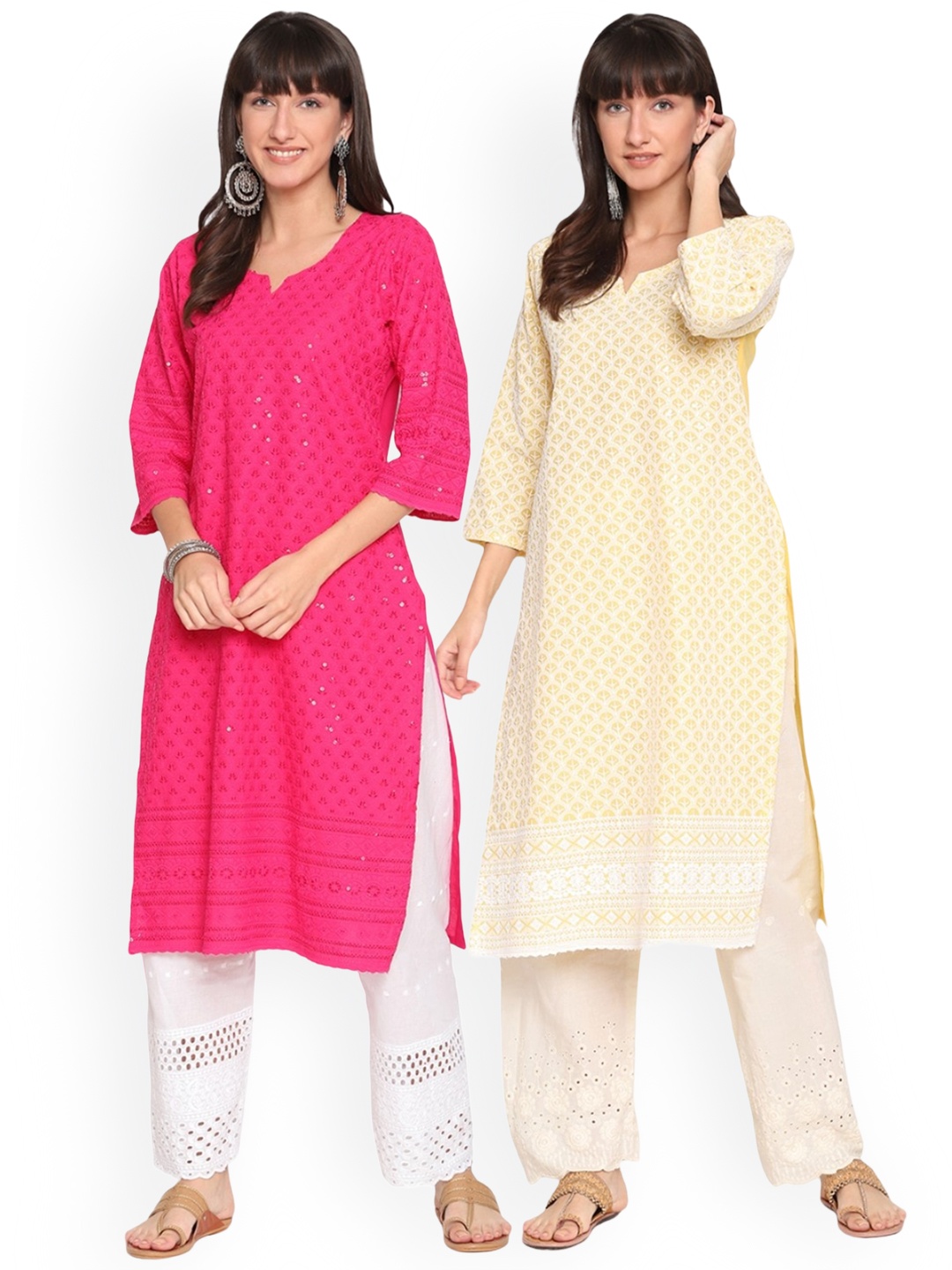 

KALINI Pack Of 2 Ethnic Motifs Chikankari Embroidered Notched Neck Cotton Kurta, Yellow