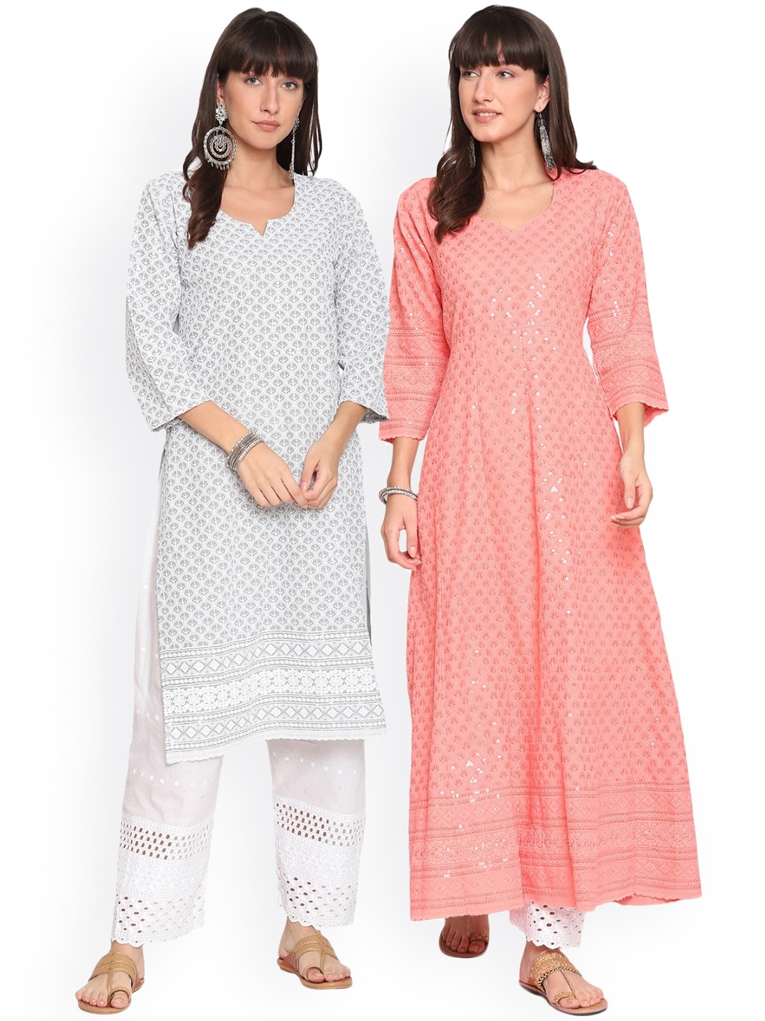

KALINI Pack of 2 Ethnic Motifs Embroidered Chikankari Anarkali Kurta, Orange