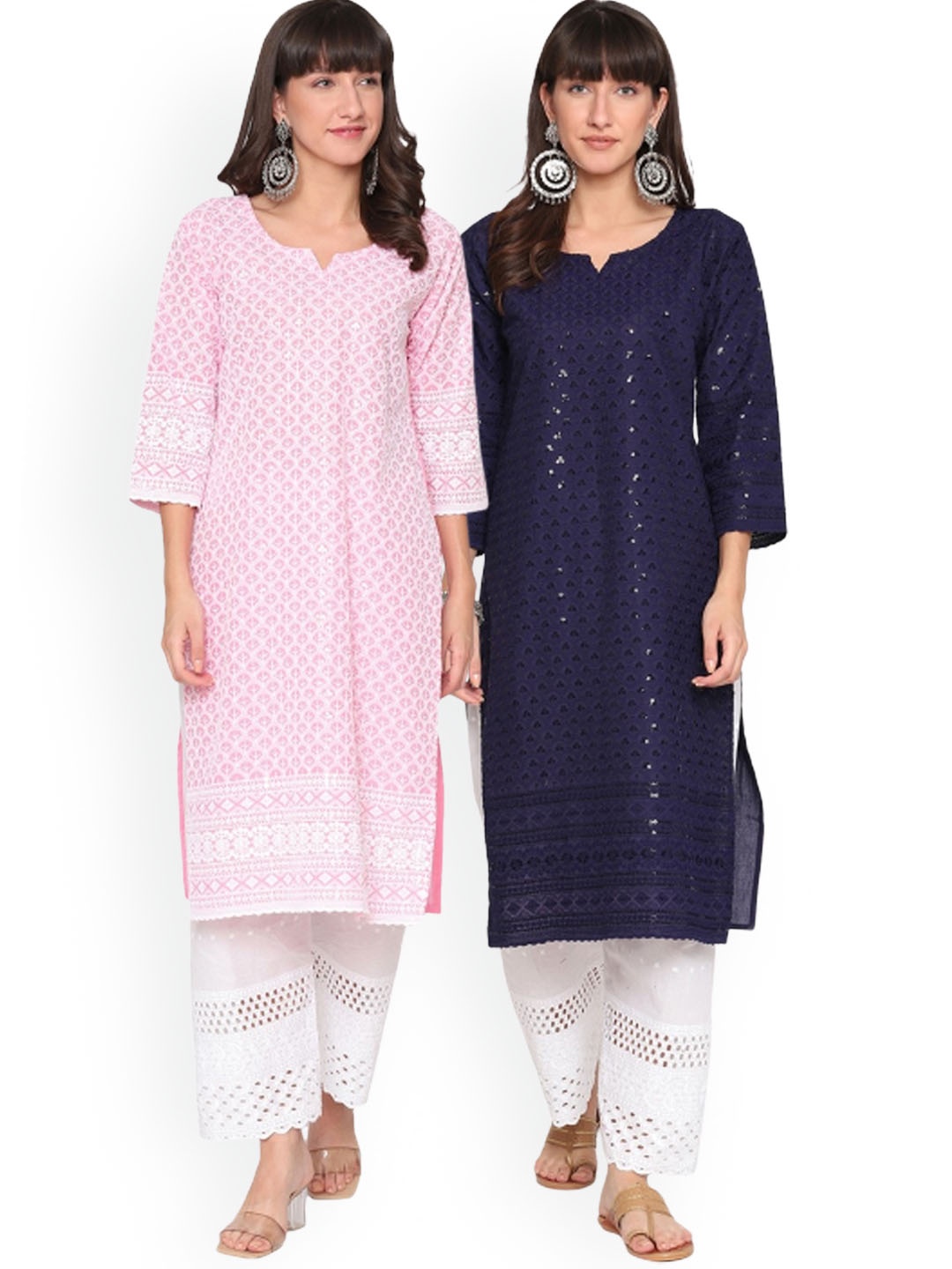 

KALINI Pack Of 2 Ethnic Motifs Chikankari Embroidered Notched Neck Cotton Kurta, Navy blue