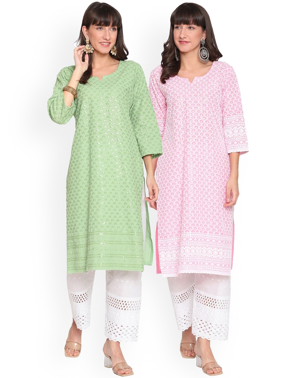 

KALINI Pack Of 2 Ethnic Motifs Chikankari Embroidered Notched Neck Cotton Kurta, Green