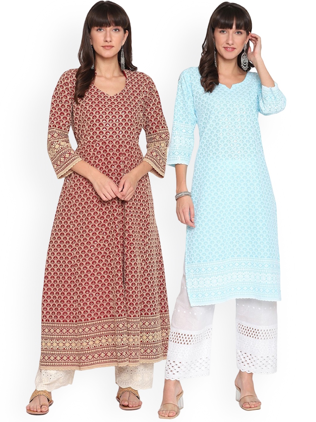 

KALINI Pack Of 2 Ethnic Motifs Chikankari Embroidered Notched Neck Cotton Kurta, Blue