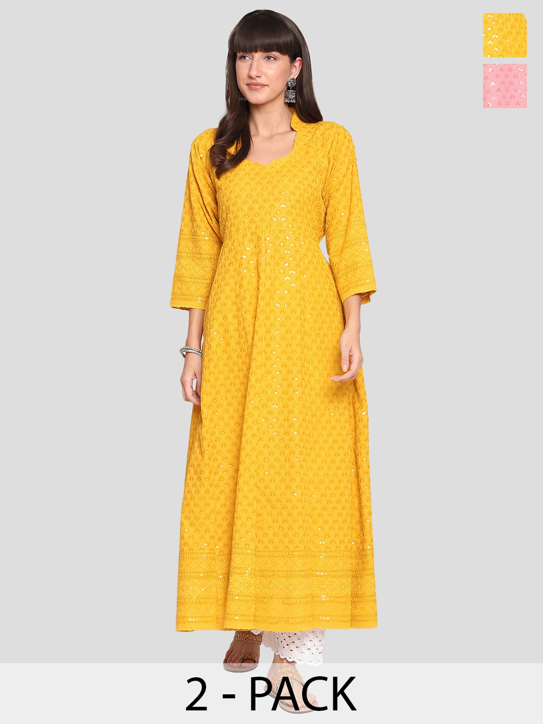 

KALINI Pack Of 2 Embroidered Sequined Cotton Kurtas, Mustard