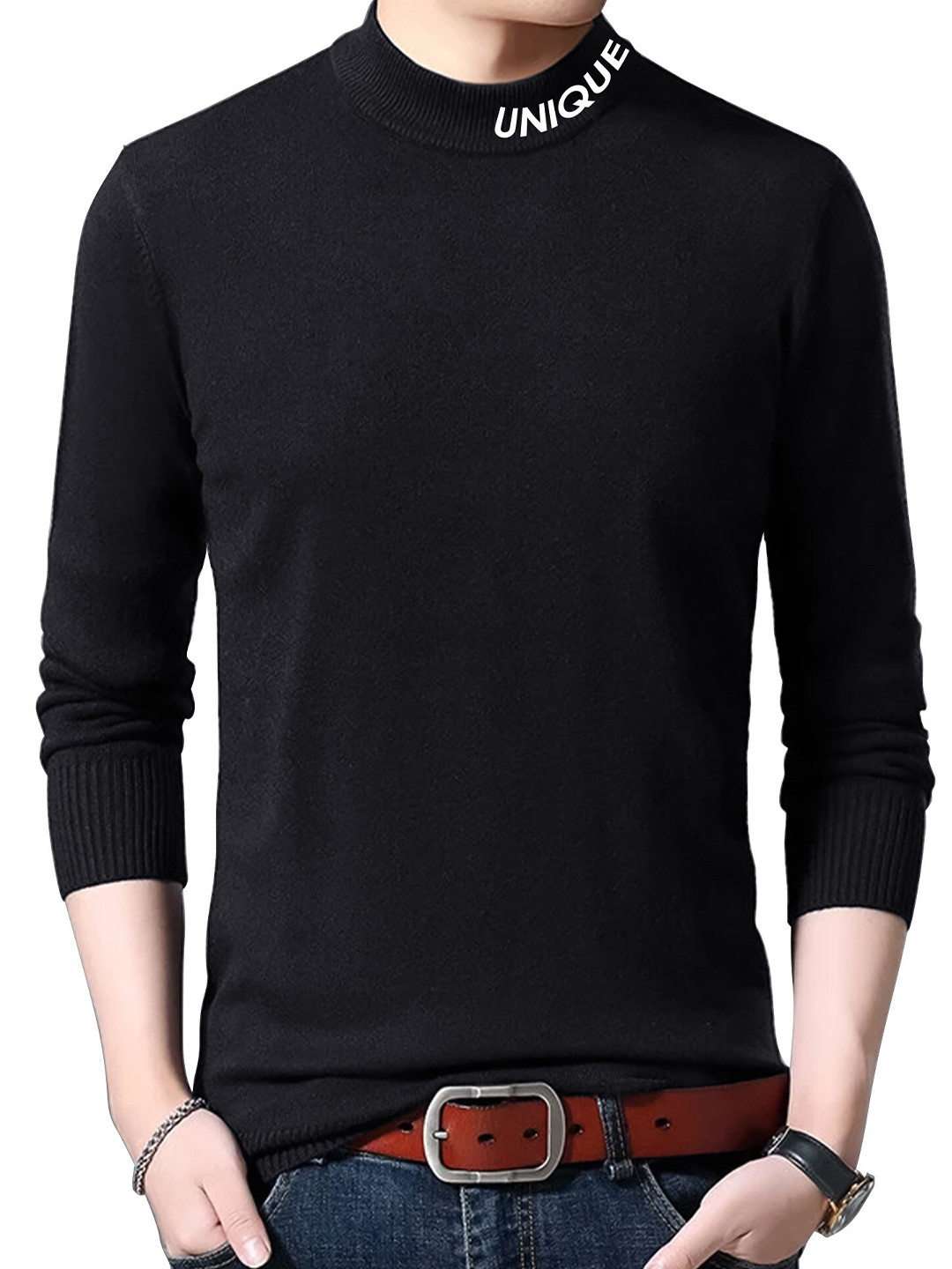 

JUMPCUTS Round Neck Long Sleeves Cotton Slim Fit T-shirt, Black