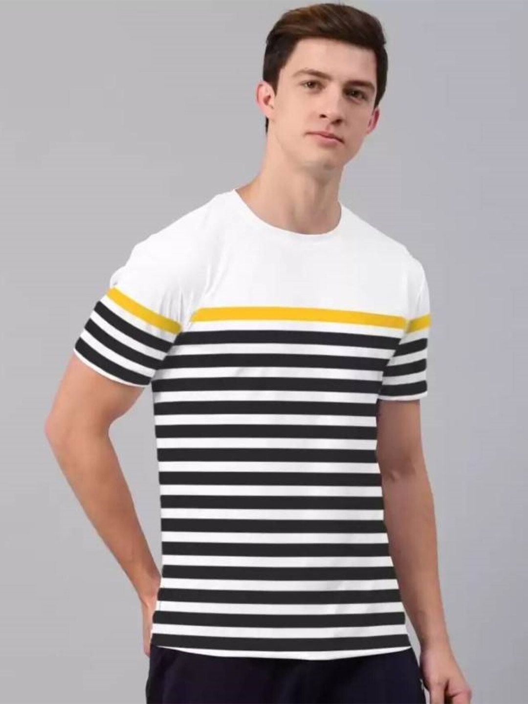 

JUMPCUTS Striped Round Neck Short Sleeves Cotton Slim Fit T-shirt, White