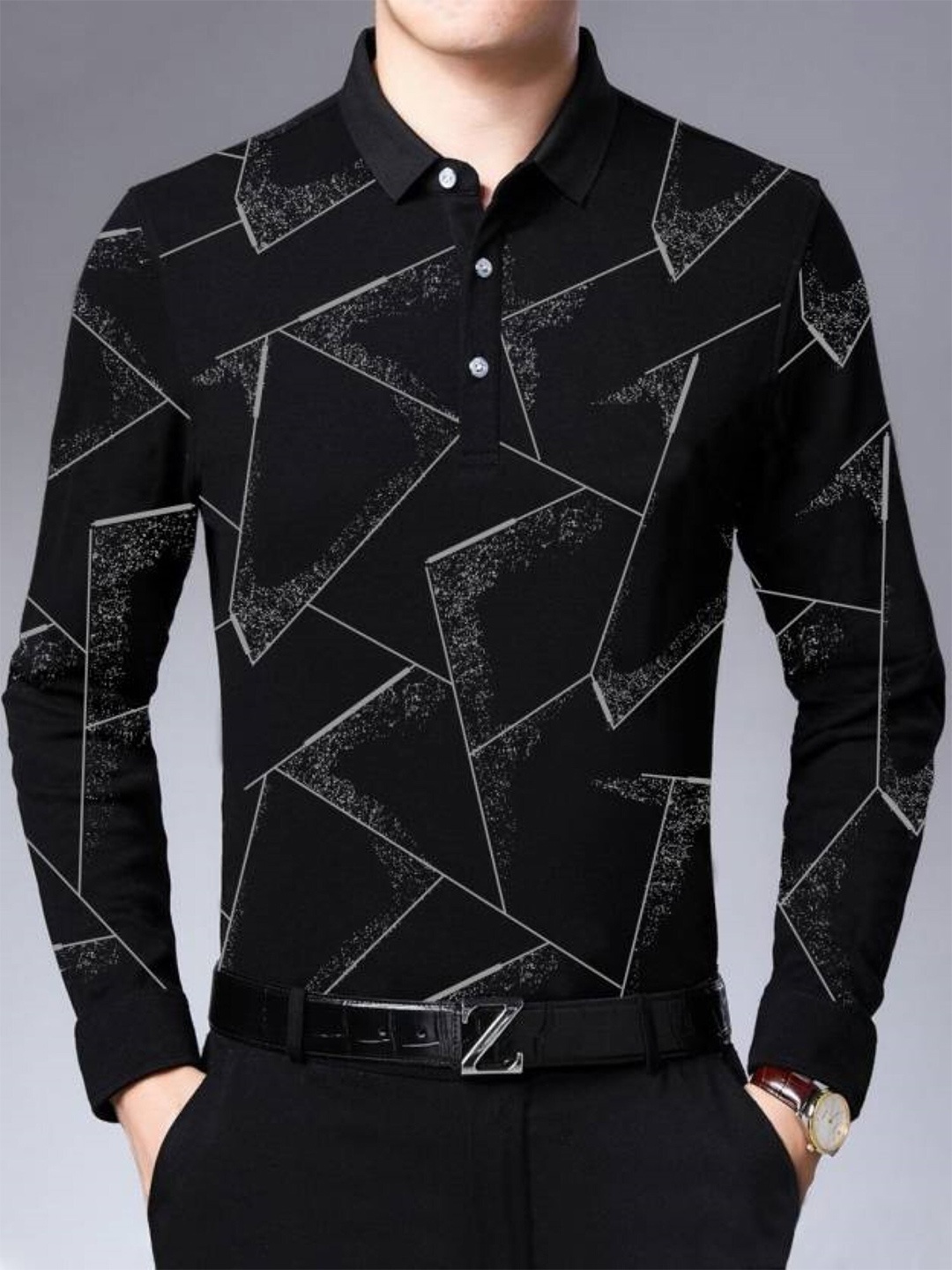 

JUMPCUTS Abstract Printed Polo Collar Long Sleeves Cotton Slim Fit T-shirt, Black