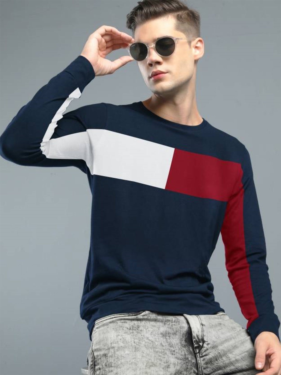 

JUMPCUTS Colourblocked Round Neck Slim Fit Cotton T-shirt, Navy blue