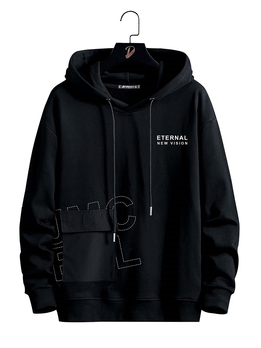 

JUMPCUTS Typography Printed Hooded Long Sleeves Cotton Slim Fit T-shirt, Black