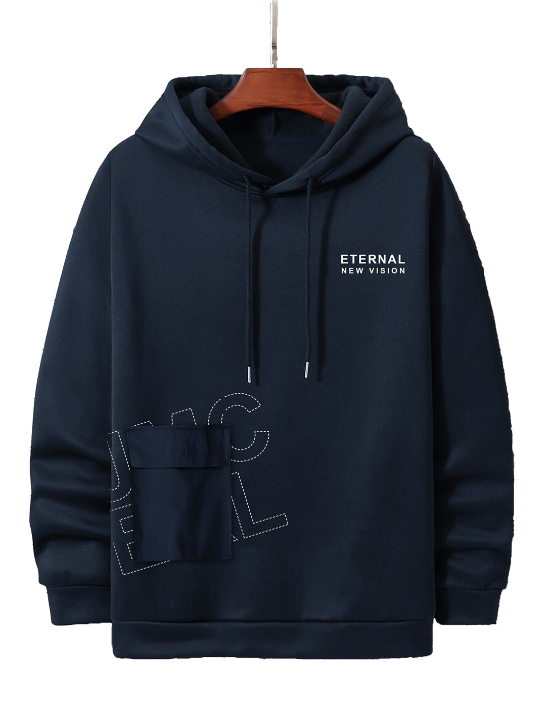 

JUMPCUTS Typography Printed Hooded Long Sleeves Cotton Slim Fit T-shirt, Navy blue