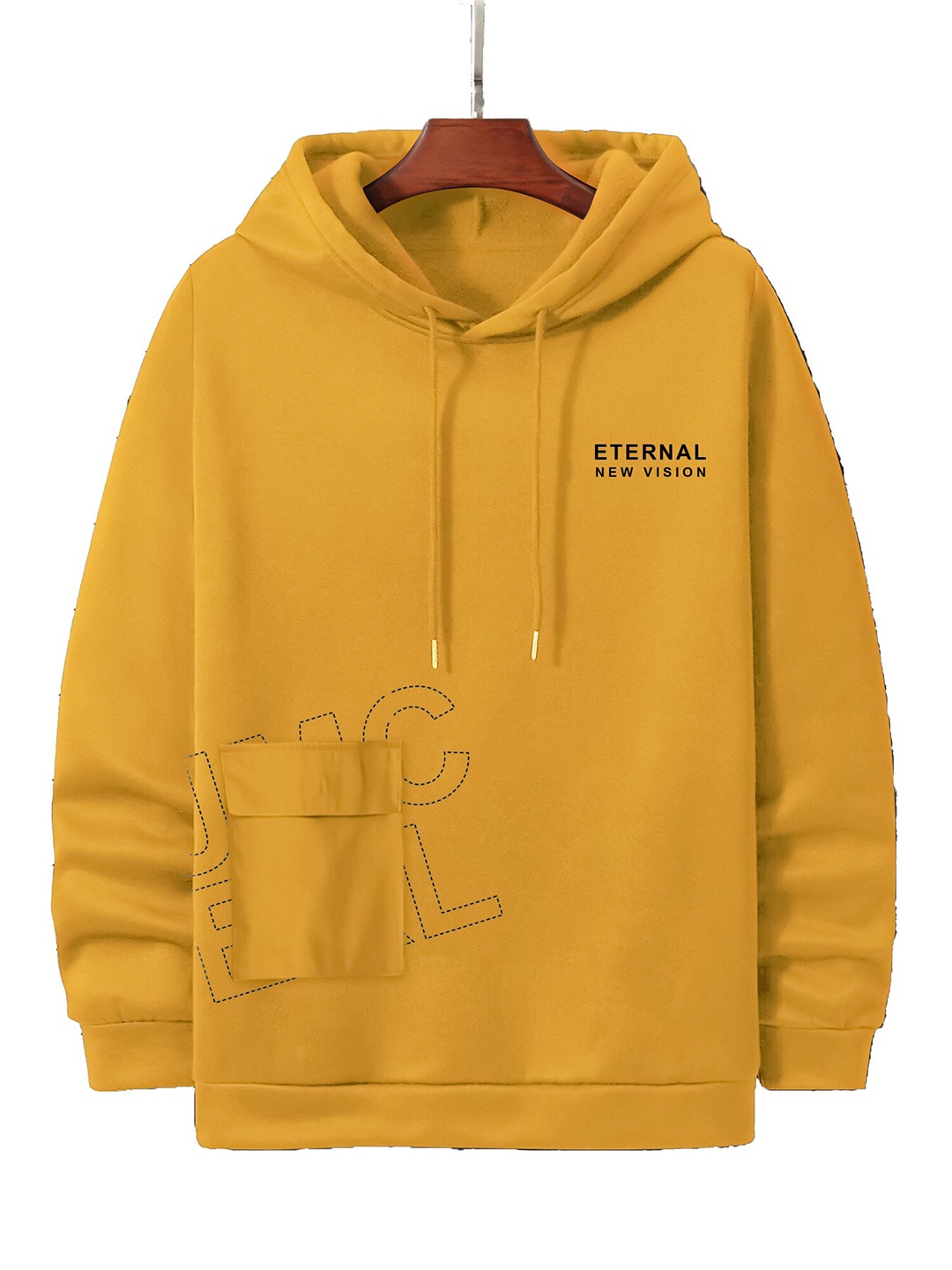 

JUMPCUTS Typography Printed Hooded Long Sleeves Cotton Slim Fit T-shirt, Yellow