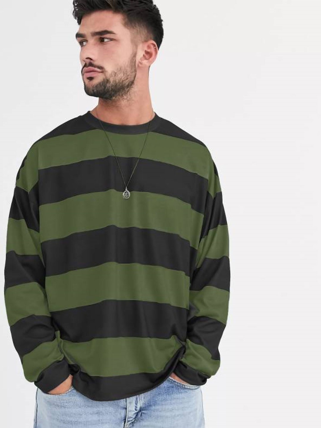 

JUMPCUTS Striped Drop-Shoulder Sleeves Boxy Fit T-shirt, Olive