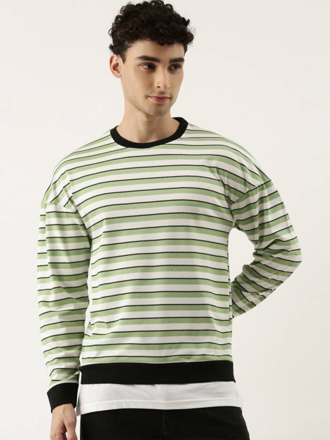 

JUMPCUTS Horizontal Striped Drop Shoulder Slim Fit Cotton T-shirt, Green
