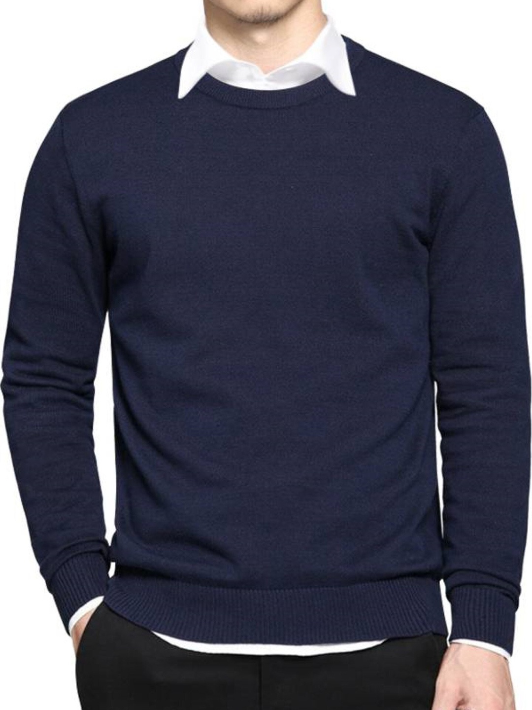 

JUMPCUTS Round Neck Long Sleeves Cotton Slim Fit T-shirt, Navy blue