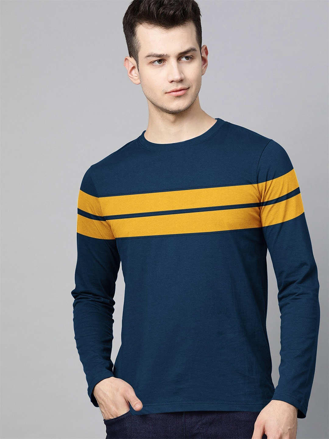 

JUMPCUTS Slim Fit Striped Long Sleeves Cotton T-shirt, Navy blue