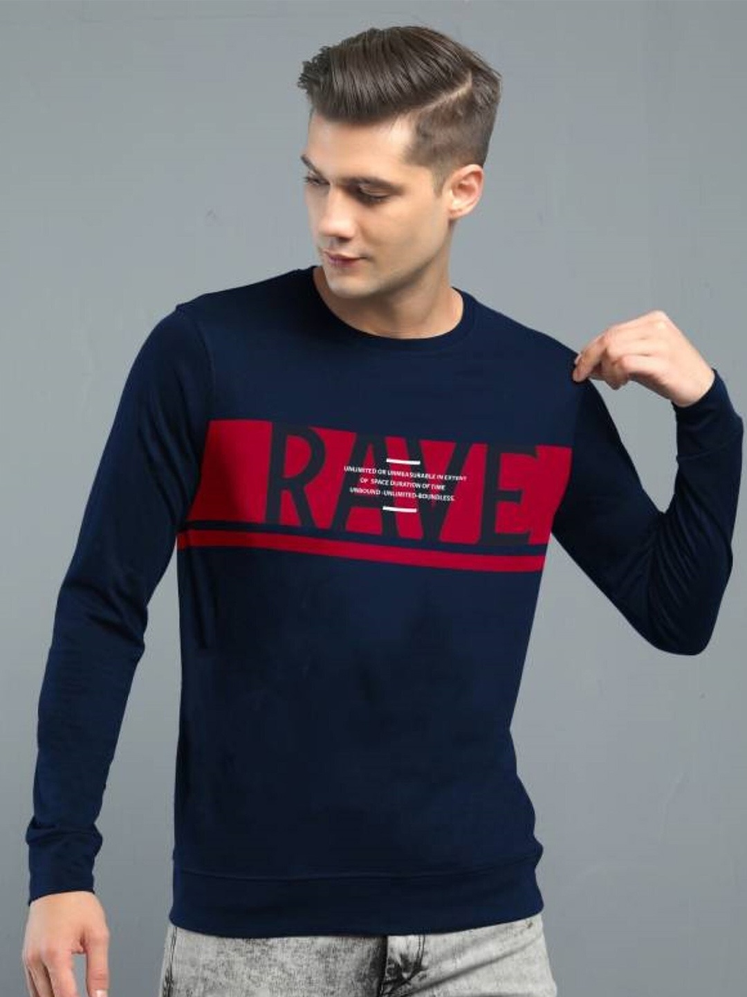 

JUMPCUTS Slim Fit Typography Printed Long Sleeves Cotton T-shirt, Navy blue