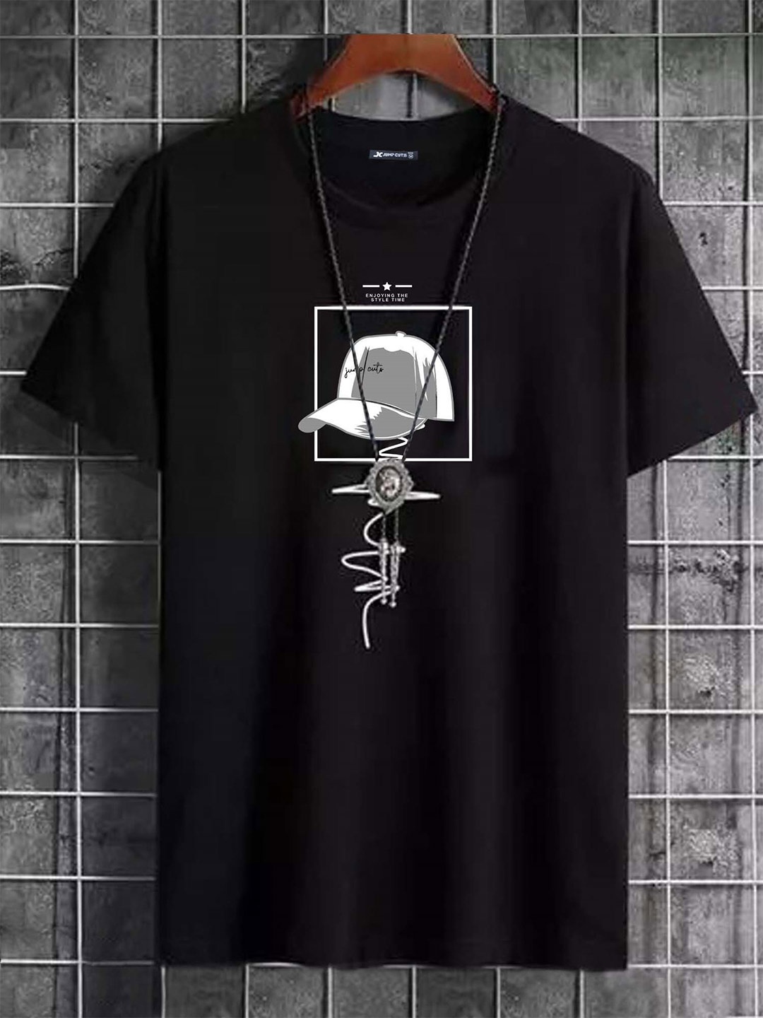 

JUMPCUTS Graphic Printed Round Neck Slim Fit Cotton T-shirt, Black