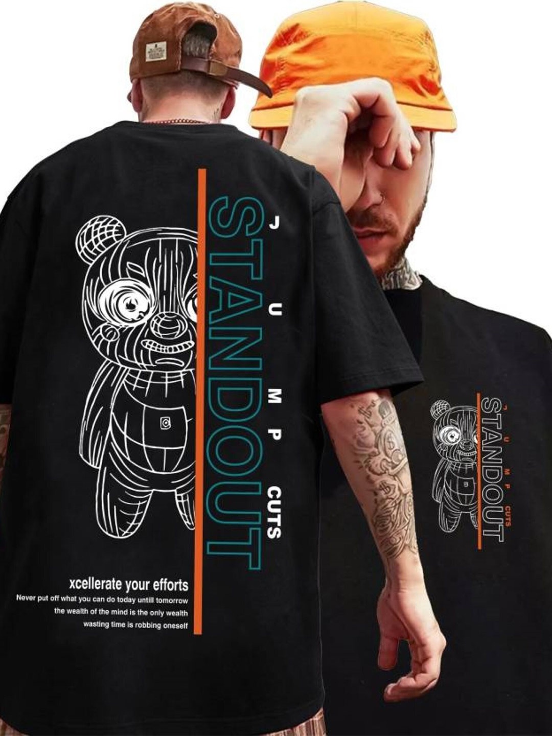 

JUMPCUTS Graphic Printed Round Neck Drop-Shoulder Sleeves Cotton Boxy T-shirt, Black