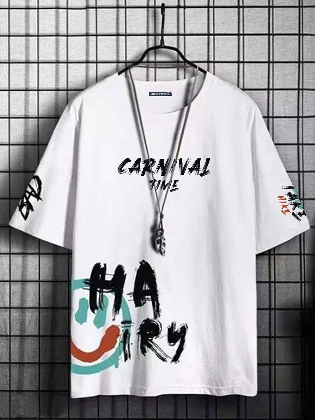 

JUMPCUTS Typography Printed Round Neck Short Sleeves Cotton Slim Fit T-shirt, White