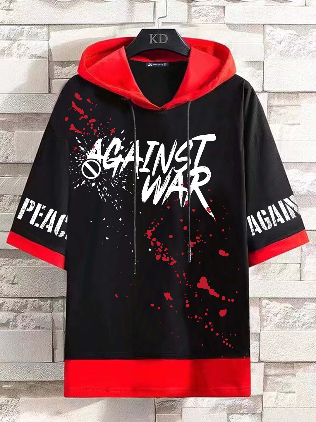 

JUMPCUTS Typography Printed Hooded Neck Cotton T-shirt, Black