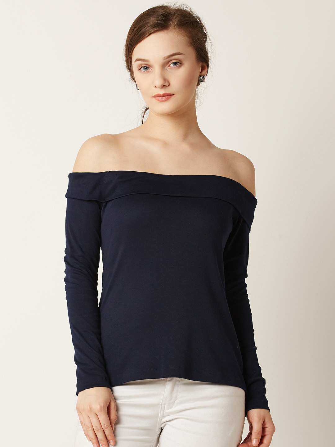 

Miss Chase Women Navy Blue Solid Bardot Pure Cotton Top