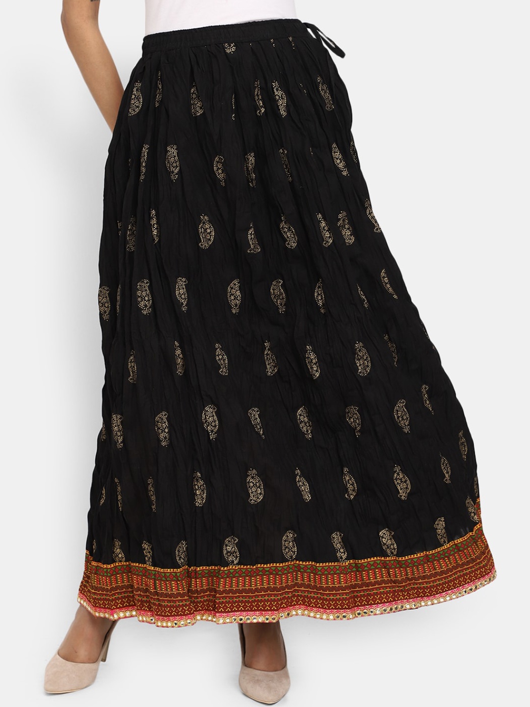 

V-Mart Ethnic Printed Flared Cotton Maxi Skirt, Black