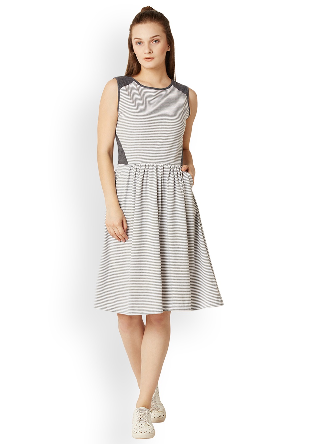 

Miss Chase Women Grey Striped Fit and Flare Dress