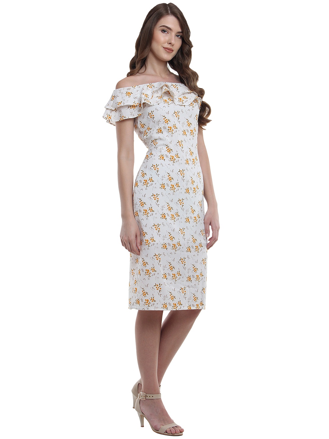 

Miss Chase Women White Printed Sheath Off Shoulder Dress