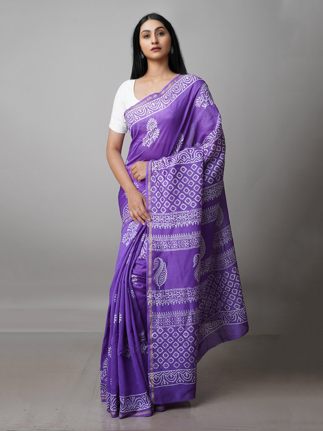 

Unnati Silks Floral Printed Zari Silk Cotton Chanderi Saree, Violet