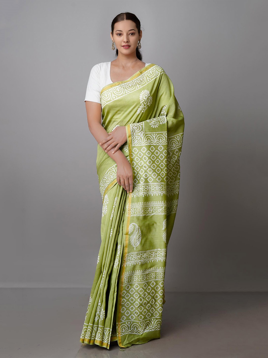 

Unnati Silks Ethnic Motifs Zari Silk Cotton Chanderi Saree, Green