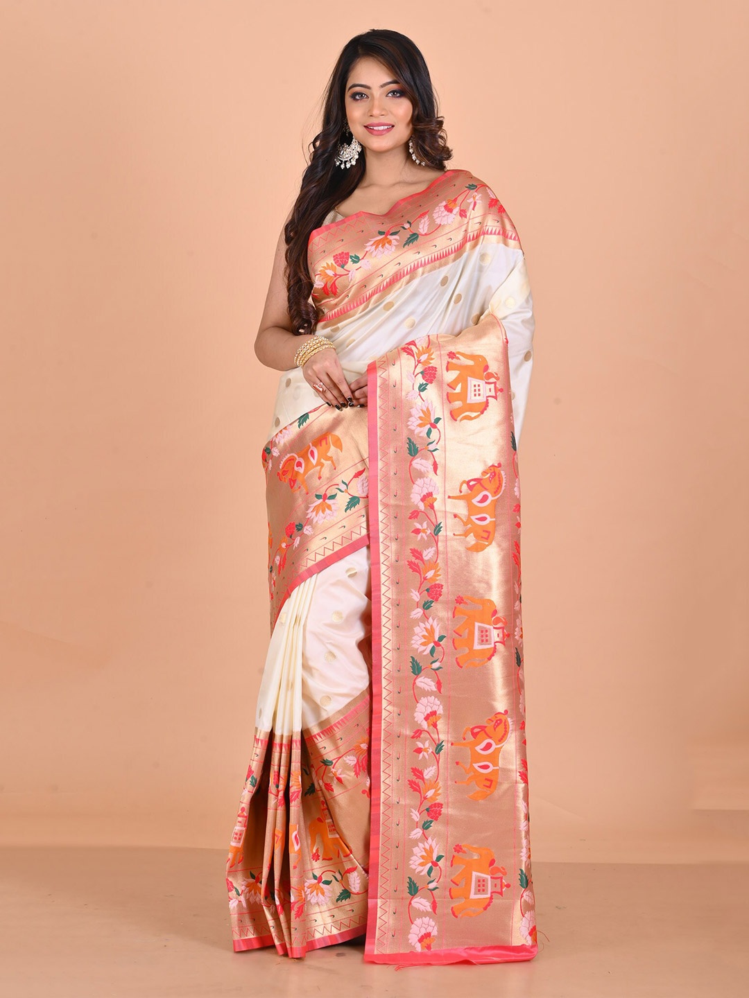 

Unnati Silks Polka Dots Woven Design Zari Paithani Saree, White