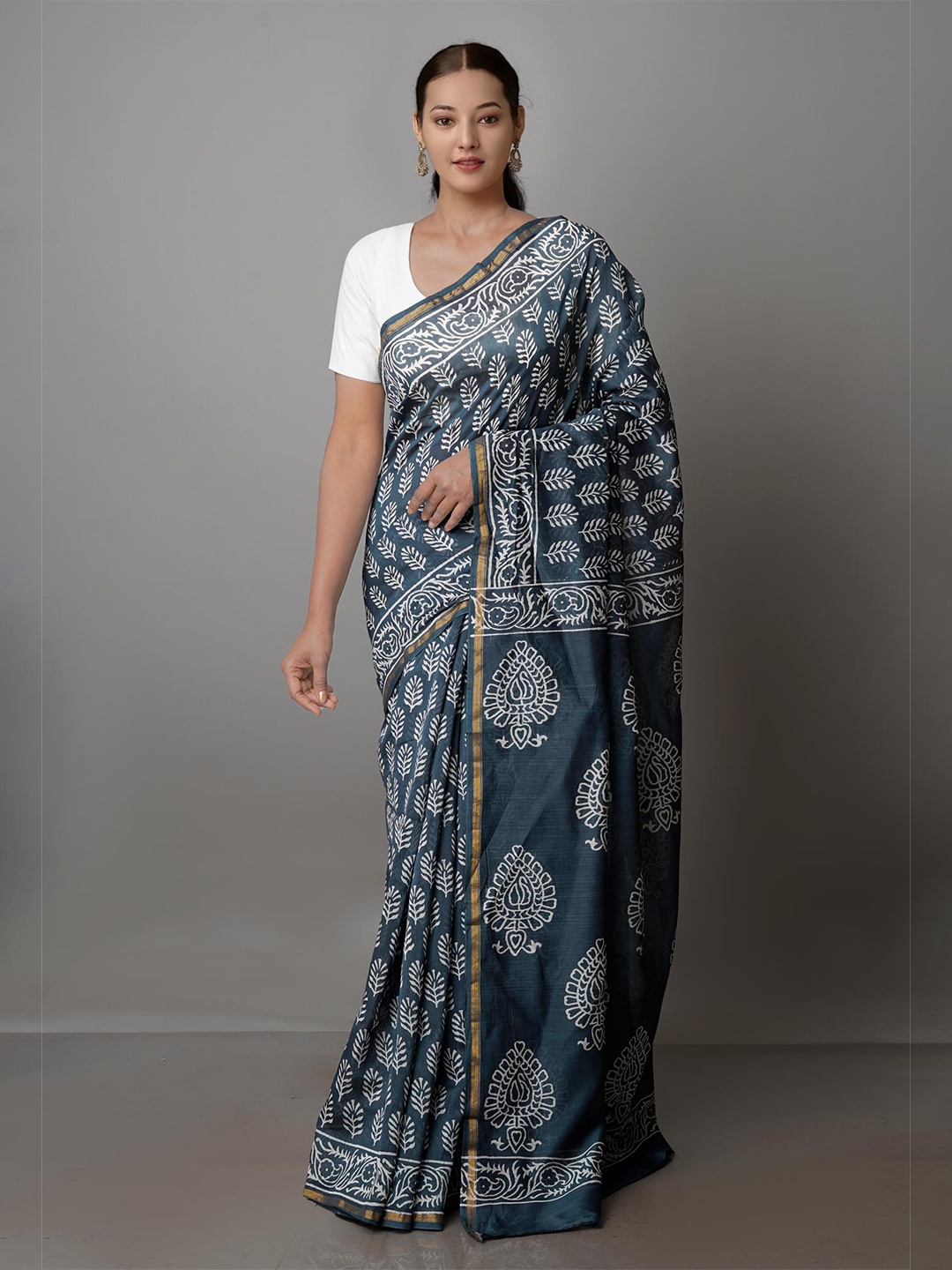 

Unnati Silks Ethnic Motifs Zari Silk Cotton Chanderi Saree, Grey