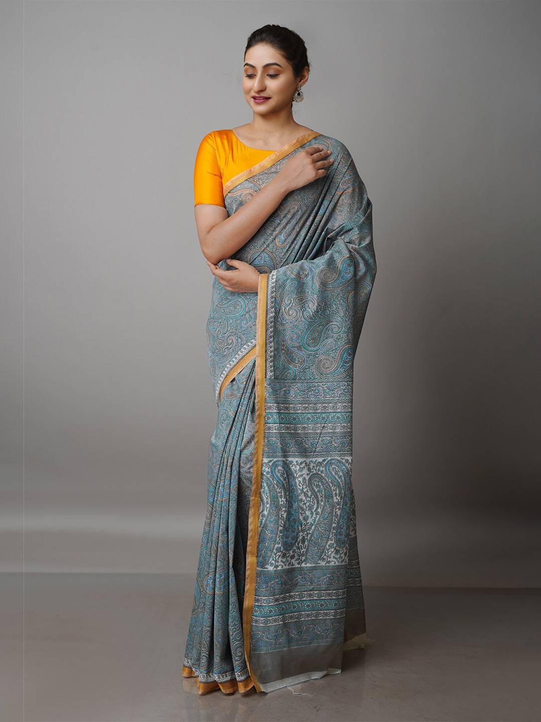 

Unnati Silks Paisley Silk Cotton Chanderi Zari Saree With Blouse Piece, Grey