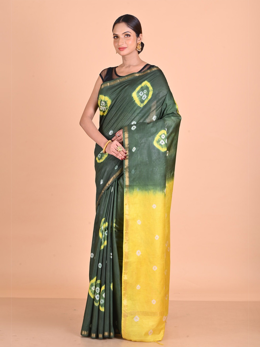 

Unnati Silks Shibori Silk Cotton Chanderi Zari Saree With Blouse Piece, Green