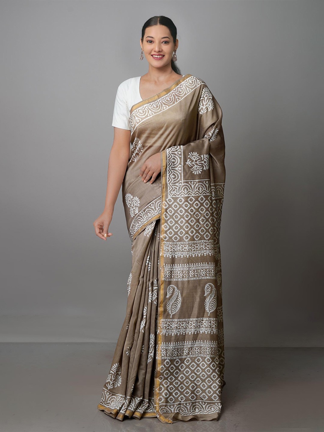 

Unnati Silks Ethnic Motif Silk Cotton Chanderi Zari Saree With Blouse Piece, Brown