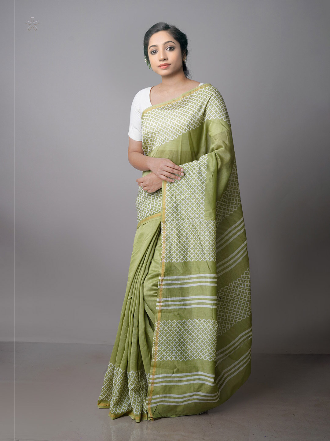 

Unnati Silks Ethnic Motifs Zari Silk Cotton Chanderi Saree, Green