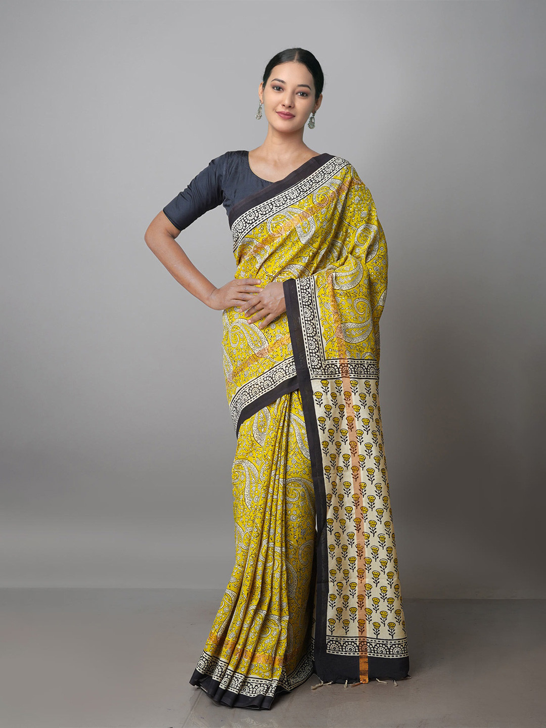 

Unnati Silks Paisley Silk Cotton Chanderi Zari Saree With Blouse Piece, Yellow