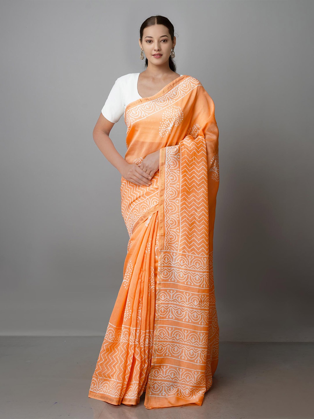 

Unnati Silks Ethnic Motif Printed Zari Silk Cotton Chanderi Saree, Peach