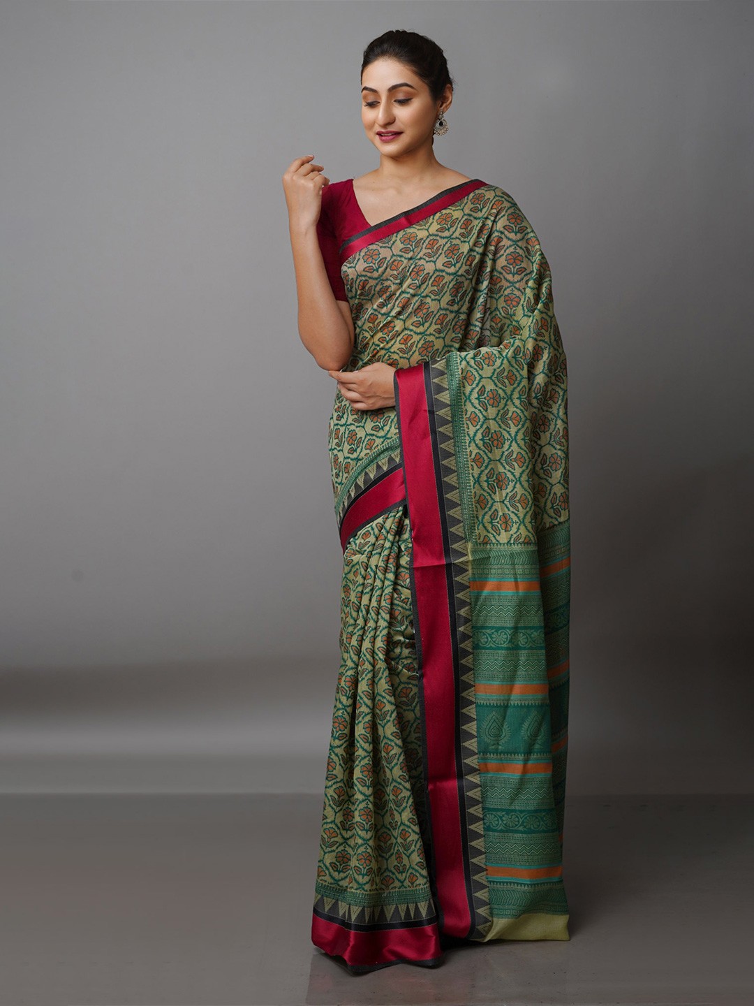 

Unnati Silks Floral Silk Cotton Chanderi Saree With Blouse Piece, Green