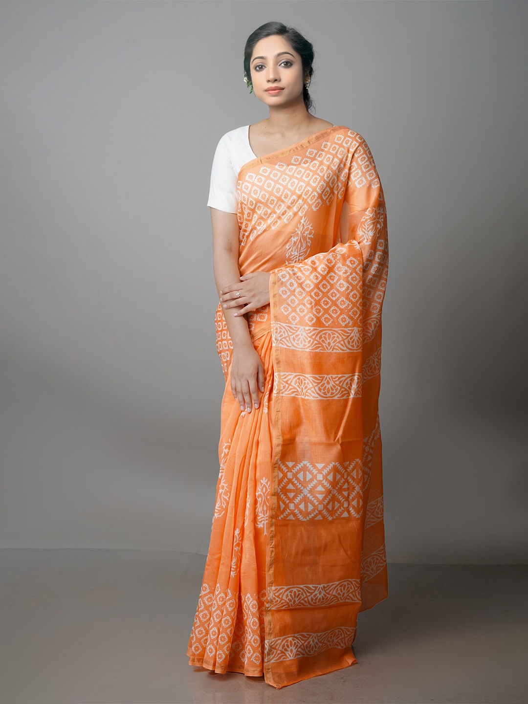 

Unnati Silks Ethnic Motif Silk Cotton Chanderi Zari Saree With Blouse Piece, Peach